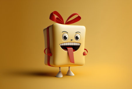 Character mascot with a white tooth and a present box with a red ribbon on a yellow backdropの素材