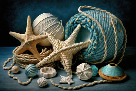 Seashells rope and starfish on a blue background with room for writingの素材