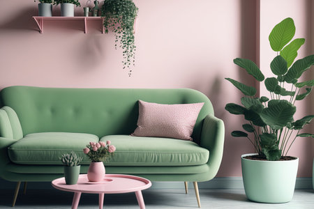 Real photo shows the inside of a living room with a pink velvet sofa a plant a coffee table and cupsの素材