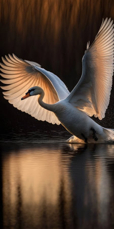 White swan in flight at dawn. Bird in flight at sunsetの素材