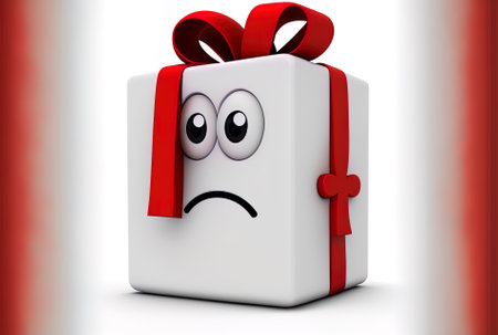 White gift box with a red ribbon character mascot and a red percentage off sale or discount sign.の素材