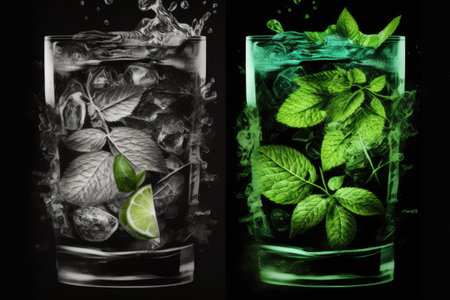 Mojito ingredients (mint lime and ice) shown in two glasses on a black stone surfaceの素材