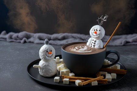 On a background of gray stone there is delicious hot chocolate with marshmallow and little snowmenの素材