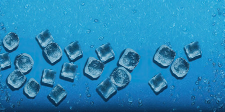 Top view of ice cubes with water drops strewn about against a blue backgroundの素材