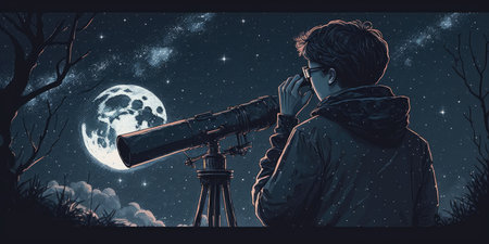 Man looking at the stars with telescope beside him. My astronomy workの素材