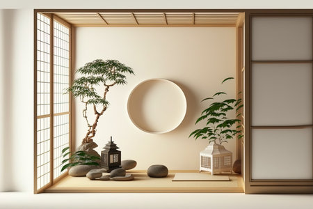 Interior of Chaina room in tropical style with tatami mats on the floor and white wallsの素材