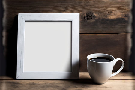 White frame with a glass and a cup on a wooden wall background, mock up, mock upの素材