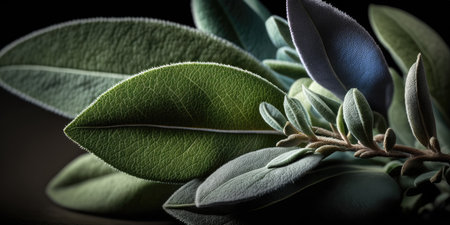 Macro photography of fresh sage. Concept of organic foodの素材