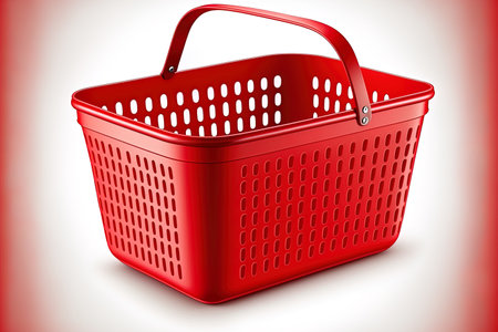 Red shopping basket isolated on white backdrop for retail advertising design for retail idea designの素材