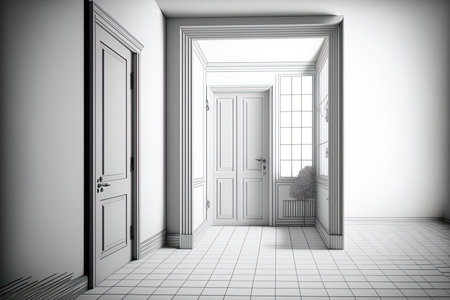 front door open and hallway. a door leading into a room or office. continuously drawing linesの素材