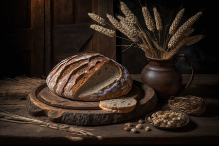 Wheat and rustic bread on a table made of antique vintage planks of woodの素材