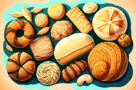 On board from above several varieties of bread and bread rolls. Poster for a bakery or kitchenの素材