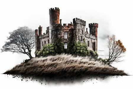 solitary medieval castle in the UK on a white backgroundの素材
