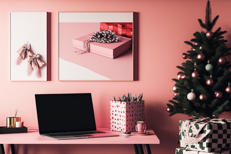Workplace with laptop and Christmas gifts near pink wall in officeの素材