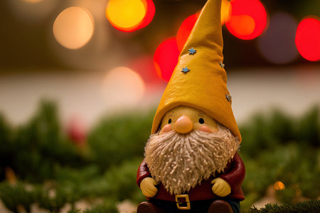 An adorable Christmas gnome is sitting and anticipating his gifts against a yellow bokeh backgroundの素材
