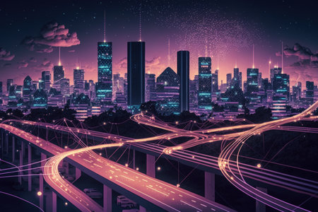 Concept of smart network and connection technology against a nighttime Bangkok cityscape in Thailandの素材