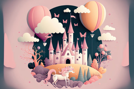 Illustration of a sweet fairy tale with pastel balloons clouds a unicorn a pumpkin and a carriageの素材