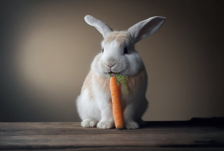 With the backdrop blurred an adorable hairy rabbit is seen vertically chewing carrot peelsの素材