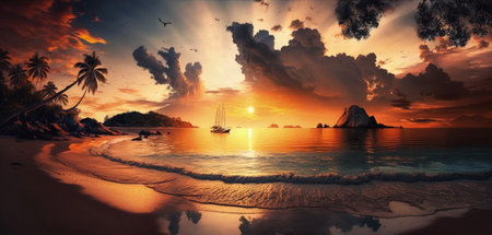 Beautiful tropical beach sunset with sky and clouds for traveling and relaxing during the holidaysの素材