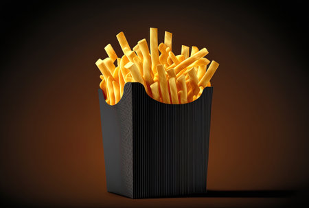 In a paper basket french fries. rapid food. a paper package with french fries on a black backgroundの素材