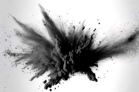 blast of black powder. Black dust explosion in close up isolated on a white backgroundの素材