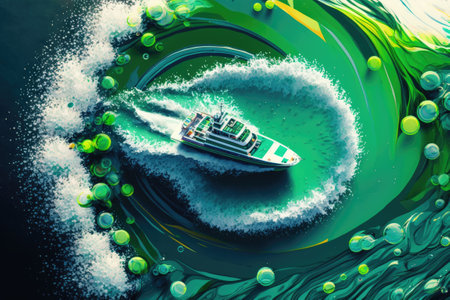 From above a motor powerboat creates a circular pattern of waves and bubbles in the oceanの素材