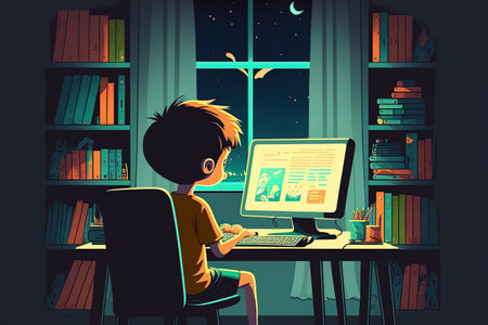 child learning online at night using desktop computer in living room at home little hacker young proの素材