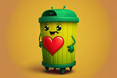 Green rubbish trash can character mascot recycling symbol with a red heart on a yellow backdrop.の素材