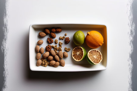 a rectangular ceramic dish with a single walnut in the center is placed on a white tableの素材