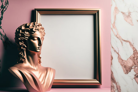 A luxurious picture frame hangs on the wall next to experimental pink marble sculptureの素材