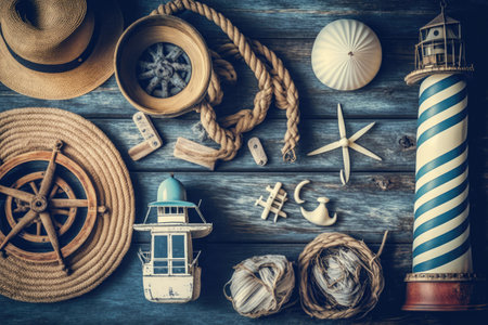 Maritime-themed items are displayed on a wooden table. filtered vintageの素材