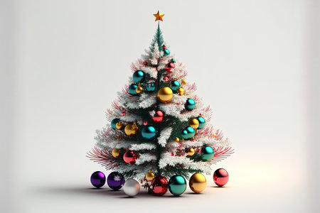 Happy studio image of a white background with a Christmas tree decorated with bright decorationsの素材
