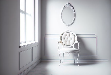 Interior of an empty room with a chair and a decorative concept against a backdrop of white walls.の素材