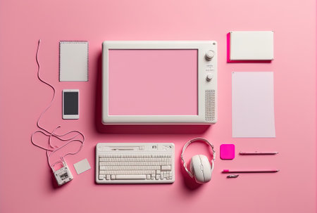 White screen digital table with school materials visible from above over pink wallpaperの素材