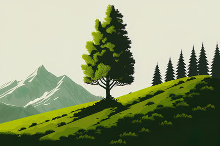 A lone deciduous tree with fresh spring grass against a mixed evergreen forest backdropの素材