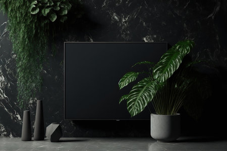 Create a mockup of a wall mounted TV in a dim space with a plant on a backdrop of black marbleの素材