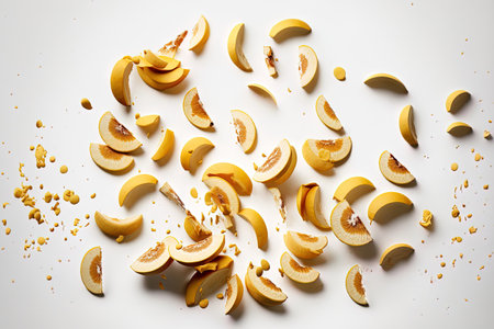 Banana slices dropping in large numbers isolated on a white backdrop. shot in a studioの素材