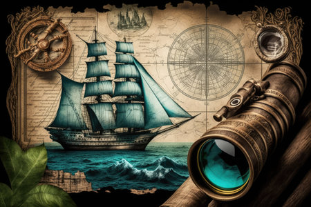 Background in navigation including the use of a telescope compass and vintage mapsの素材