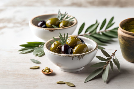 Close up of several olives on white wood with leaves and olive oil in white and clay bowlsの素材