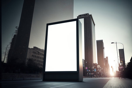 Buildings in large cities serve as the backdrop for an outdoor billboard advertisementの素材