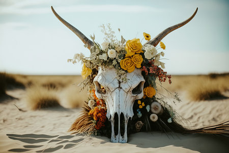 Boho style beach wedding ceremony decorations include a cow skull yellow roses and dried wildflowersの素材