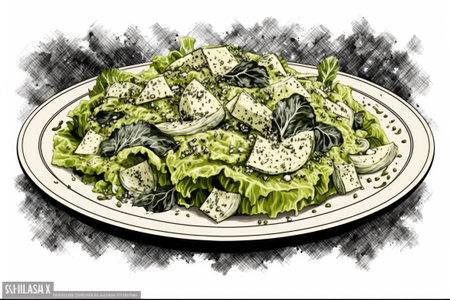 Assembled Caesar salad on a dishの素材