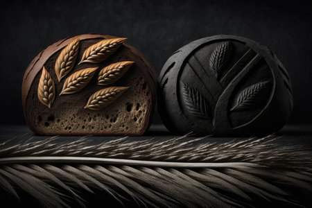 Black and rye loaves on black make up the background of the breadの素材