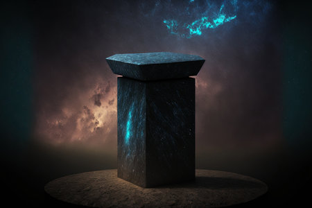 Backdrop of a stone pedestal with an abstract galactic night landscape for product presentationの素材