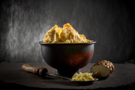 Bowl with freshly chopped or pureed ginger and entire adrak with somber backdrop and narrow focusの素材