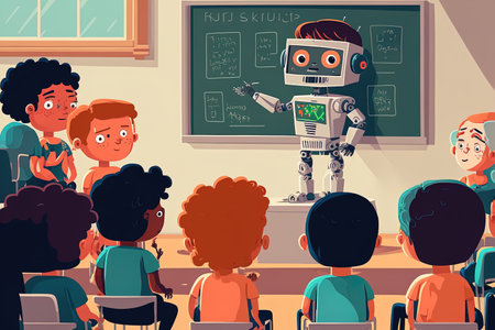 Cyborg presentation by kids in robotics class. children presenting the instructor a robotの素材