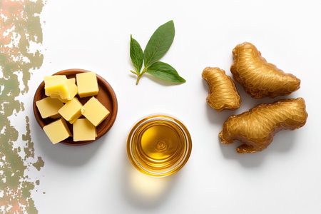 Ginger slices rhizome and essential oil extract in flat lay (top view) on white backgroundの素材