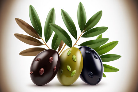 Black green and brown olives with leaves that are delicious isolated on a white backgroundの素材