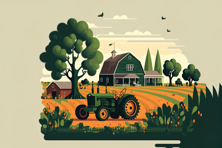 A farmer harvests in a rural environment with a tractor through fields a barn and a millの素材