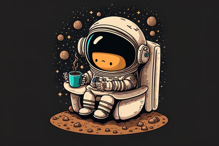 Illustration of a coffee cup holding astronaut sitting down with a luxury t shirt designの素材